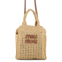 将图像加载到图库查看器中，MIUMIU Crochet Fabric Tote Natural/Cognac5BA283 Raffia Leather
