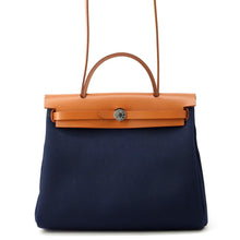 Load image into Gallery viewer, HERMES Herbag zip Navy/Natural Toile H Vache Hunter Leather Size PM
