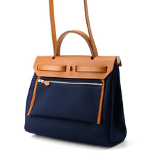 Load image into Gallery viewer, HERMES Herbag zip Navy/Natural Toile H Vache Hunter Leather Size PM
