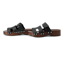 Load image into Gallery viewer, HERMES Cosplay Sandals Black/Brown Leather Wood Size 35
