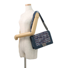 Load image into Gallery viewer, CHANEL Boy Chanel ChainShoulder Bag Blue Tweed Denim Leather Size 28
