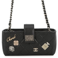 CHANEL 2.55 Phone Case Chain Pochette Lucky Bag Charm BlackA80446 Calf Leather Rhinestone Size Mini