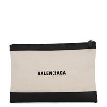 将图像加载到图库查看器中，BALENCIAGA Navy Clip Clutch Back Natural/Black373834 9260 Leather Canvas
