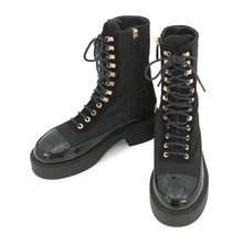Load image into Gallery viewer, CHANEL CC Logo Lace-Up Boots BlackG38086 Nylon Patent Leather Size 36C
