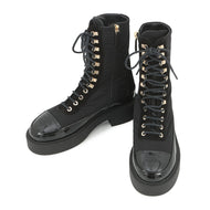 CHANEL CC Logo Lace-Up Boots BlackG38086 Nylon Patent Leather Size 36C