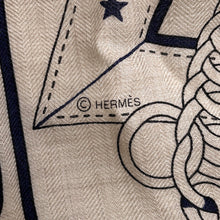 Load image into Gallery viewer, HERMES Giant Square, LA PROMENADE DU MATIN (Morning Walk) Size 140 Natural/Marine/Black Cashmere70% Silk30%
