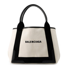 将图像加载到图库查看器中，BALENCIAGA Navy Cabas Tote Bag White/Black339933 Canvas Leather Size S
