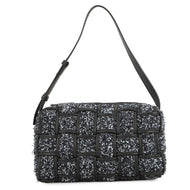 Bottega Veneta Maxi INTRECCIATO Brique Cassette Handbag IndigoBlack/White Tweed Leather