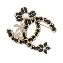 Load image into Gallery viewer, CHANEL CC Logo Brooch BlackAB9679 Gold Plated Leather Rhinestone Faux Pearl
