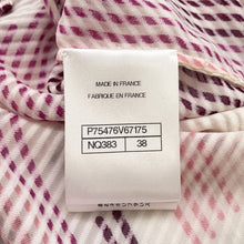 将图像加载到图库查看器中，CHANEL Viscose CC Logo Button All-Over Print Shirt Size 38 White/Pink/PurpleP75476 Viscose 64% Silk 36%
