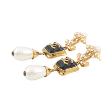 Load image into Gallery viewer, CHANEL CC Logo Swing Earrings Black Gold Plated Rhinestone Faux Pearl
