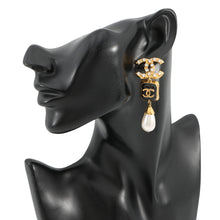 Load image into Gallery viewer, CHANEL CC Logo Swing Earrings Black Gold Plated Rhinestone Faux Pearl

