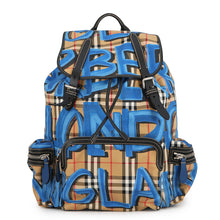 将图像加载到图库查看器中，BURBERRY Check Pattern Graffiti Backpack Blue/Antique yellow4076962 Nylon Leather
