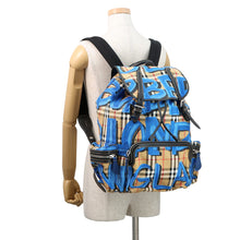 将图像加载到图库查看器中，BURBERRY Check Pattern Graffiti Backpack Blue/Antique yellow4076962 Nylon Leather
