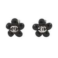 CHANEL Earring Camellia CC Logo Black Metal Resin