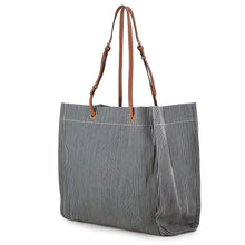 将图像加载到图库查看器中，CELINE Square Cabas Stripe Tote Bag Navy/Tan192802CHD.07AT Canvas Calf Leather

