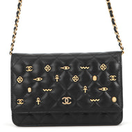 CHANEL Matelasse Egypt Bag Charm Chain Wallet Black Lambskin