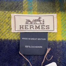 Load image into Gallery viewer, HERMES Scarf, horseshoe pattern, tartan check. Yellow/Navy/Green Cashmere 100%
