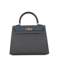 HERMES Kelly Sellier tricolor Ardoise/Black/Blue Hydra Epsom Size 25