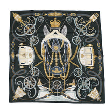 将图像加载到图库查看器中，HERMES Carre Stately Wheels Size 90 Black/Khaki/Vieille Or Silk100%
