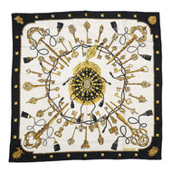 HERMES Carre LES CLES Key Size 90 Black/White/Gold Silk100%