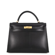HERMES Kelly Sellier Black Box Calf Leather Size 32