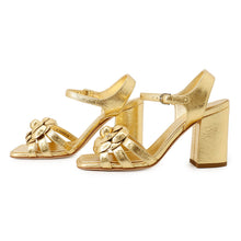 Load image into Gallery viewer, CHANEL Camellia Sandals GoldG46516 Leather Rhinestone Size 37
