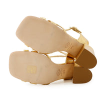 Load image into Gallery viewer, CHANEL Camellia Sandals GoldG46516 Leather Rhinestone Size 37
