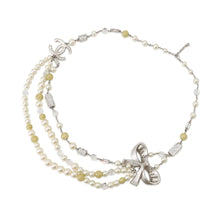 Load image into Gallery viewer, CHANEL CC Logo Ribbon Motif Necklace Metal Rhinestone Faux Pearl
