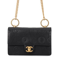 CHANEL COCO Embossed Chain Shoulder Bag Black Calf Leather