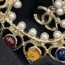 Load image into Gallery viewer, CHANEL CC Logo Color Stone Brooch Champagne Gold Gold Plated Rhinestone Faux Pearl Color Stone
