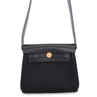 HERMES Herbag zip Black Toile H Vache Hunter Leather Size Mini