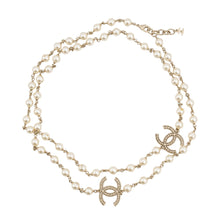 Load image into Gallery viewer, CHANEL CC Logo Faux Pearl Long Necklace Champagne Gold Gold Plated Faux Pearl
