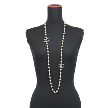 Load image into Gallery viewer, CHANEL CC Logo Faux Pearl Long Necklace Champagne Gold Gold Plated Faux Pearl
