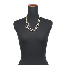 Load image into Gallery viewer, CHANEL CC Logo Faux Pearl Long Necklace Champagne Gold Gold Plated Faux Pearl
