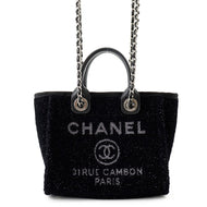 CHANEL Deauville Shopping Tote Black Canvas Leather Size Mini