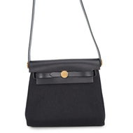 HERMES Herbag zip Black Toile Military Vache Hunter Leather Size Mini
