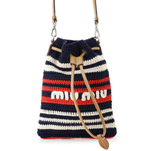 Load image into Gallery viewer, MIUMIU Crochet Border Drawstring Bag Navy/Red/White Cotton Leather
