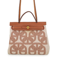 HERMES Herbag Zip Le Tourne Fauve/Ecru/Beige Toile H Vache Hunter Leather Size PM