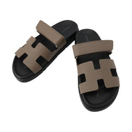 HERMES Shipley Sandals Etoupe/Black Epsom Rubber Size 38