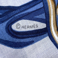 Load image into Gallery viewer, HERMES Carre Jean BRIDES DE GALA APPLIQUE PIQUE Size 140 Blue Jean/Gris Cine/Miel Cashmere70% Silk30%
