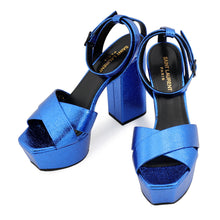 将图像加载到图库查看器中，SAINT LAURENT PARIS Sandals Metalic Blue493035 Leather Size 37 1/2
