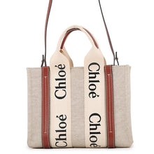 将图像加载到图库查看器中，Chloe Woody Tote Bag Beige/BrownCHC22AS397I2690U Canvas Calf Leather Size Small
