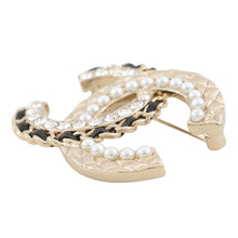Load image into Gallery viewer, CHANEL CC Logo Brooch Champagne GoldAB8609 Metal Faux Pearl Rhinestone Leather
