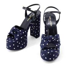 Load image into Gallery viewer, SAINT LAURENT PARIS Bianca Polka Dot Platform Sandals Navy/White62011814T104742 Leather Fabric Size 36 1/2
