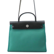 HERMES Herbag zip Vert Veron/Black Toile Military Vache Hunter Leather Size PM