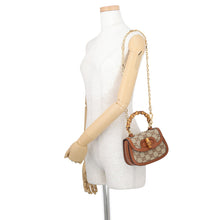 将图像加载到图库查看器中，GUCCI Bamboo 1947 Handbag Brown/Beige735116 GG CrystalCanvas Rhinestone Leather
