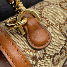 将图像加载到图库查看器中，GUCCI Bamboo 1947 Handbag Brown/Beige735116 GG CrystalCanvas Rhinestone Leather
