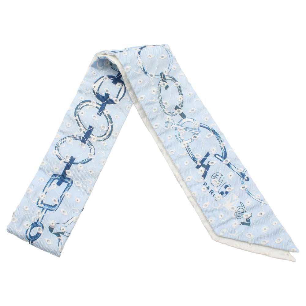 HERMES Twilly Do Re Boucles Broderie Anglaise Blue/Blanc/Marine Silk100%