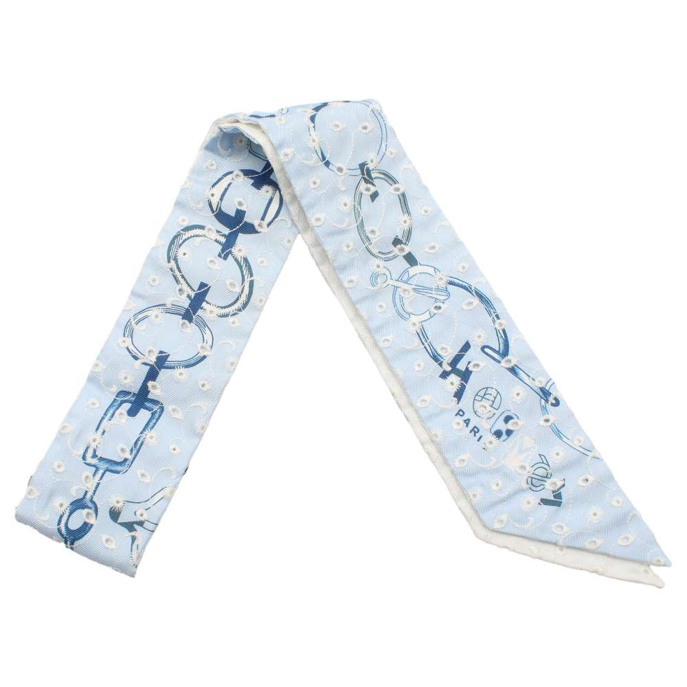 HERMES Twilly Do Re Boucles Broderie Anglaise Blue/Blanc/Marine Silk100%